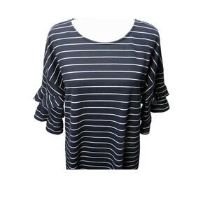 Signature Studio Navy White Striped Shift Dress Ruffle Sleeve Casual Comfy Large